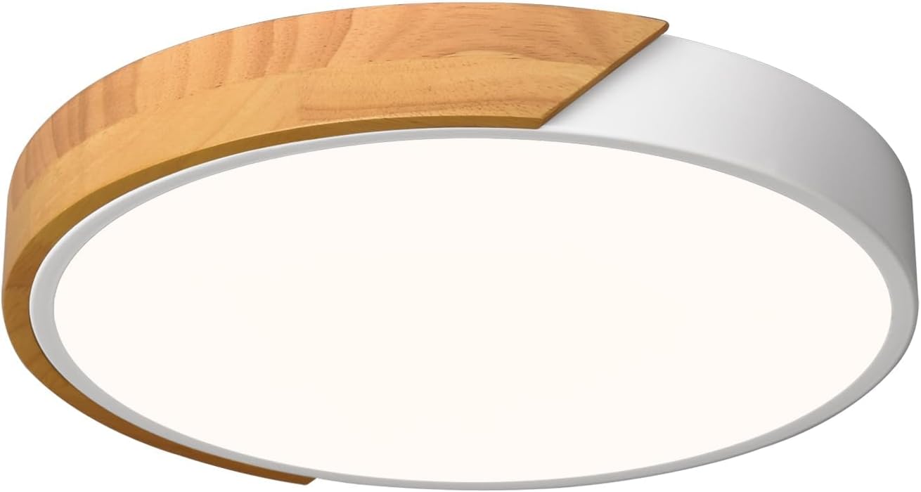 Vikaey Modern LED Ceiling Light, Minimalist Wood Style Flush Mount Ceiling Light Fixture, Circle Lighting Lamp with Acrylic Lampshade for Bedroom Living Room Dining Room Laundry (White, 11.8'')