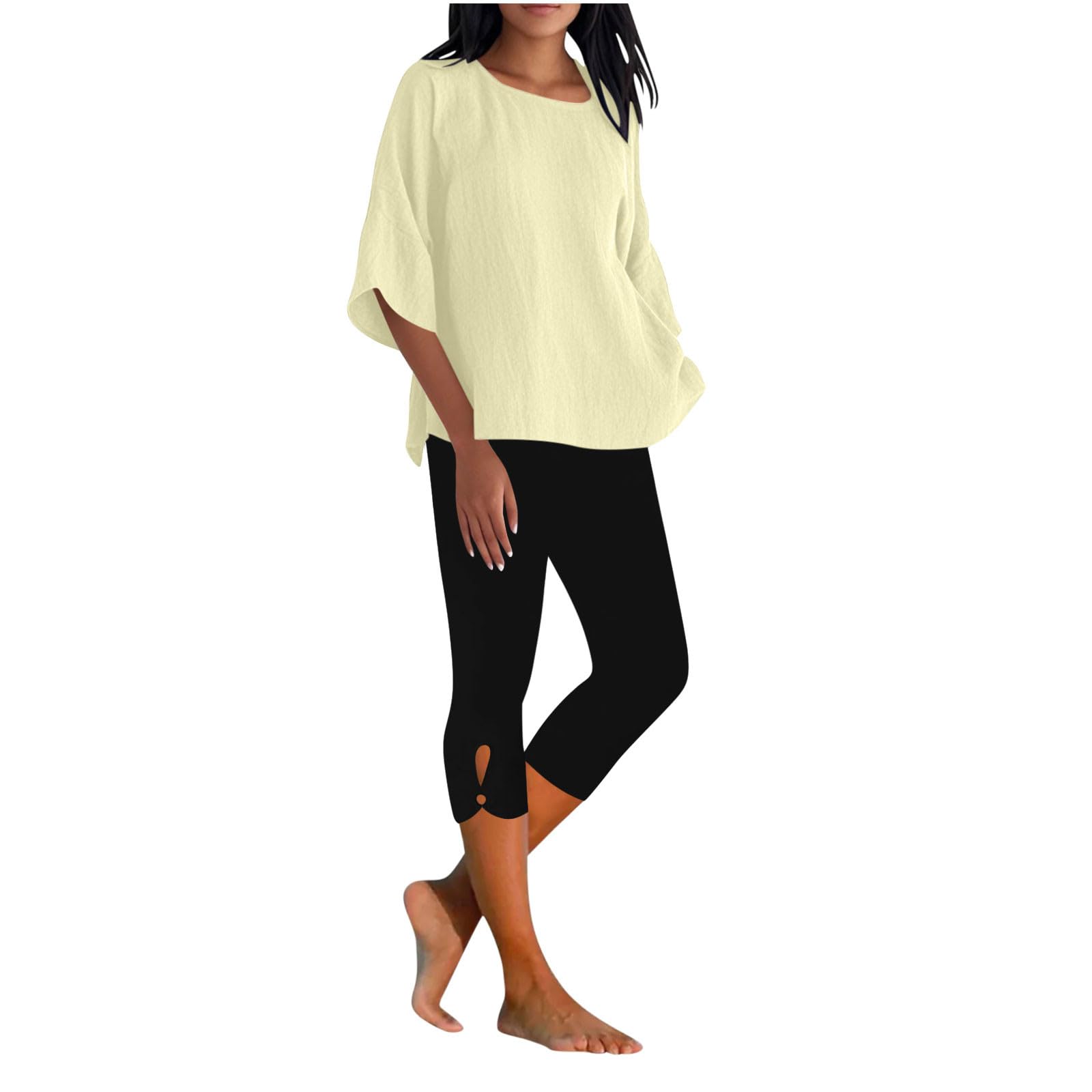 Womens Two Piece Loungewear Set Summer Casual 3 4 Sleeve Cotton Linen Top and Capri Leggings Matching Travel