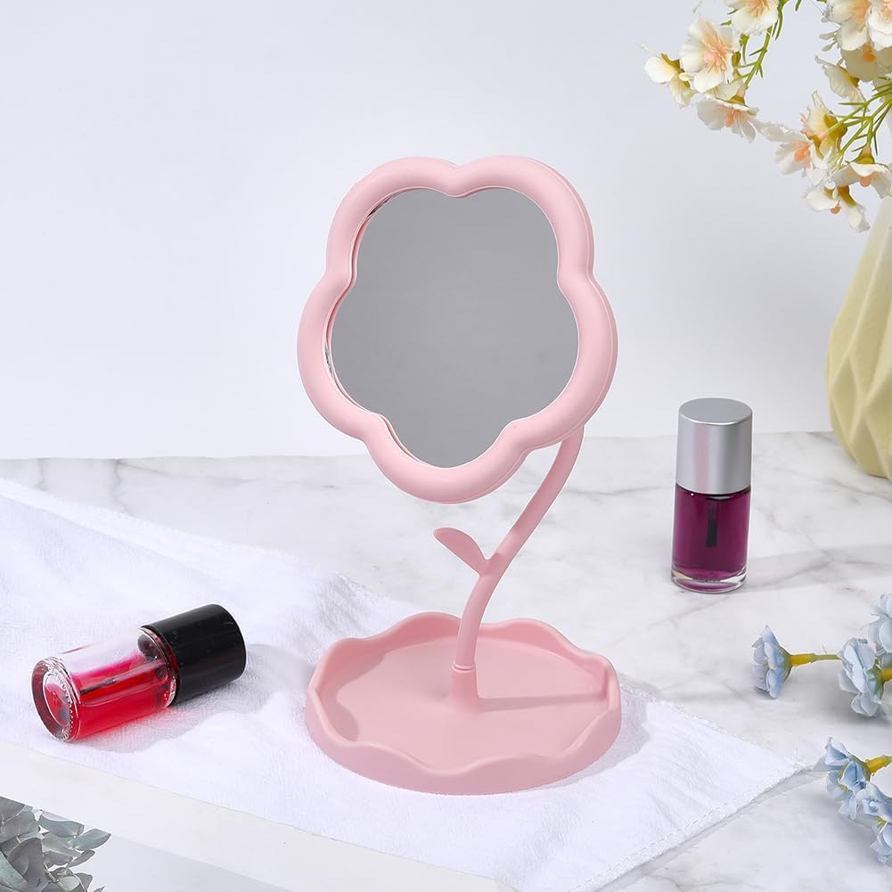 draval Aesthetic Desk Mirror for Girls | Flower Shape Pink Makeup Mirror with Organizer Tray | Cute Vanity Mirror for Teen Room Decor-picture-41