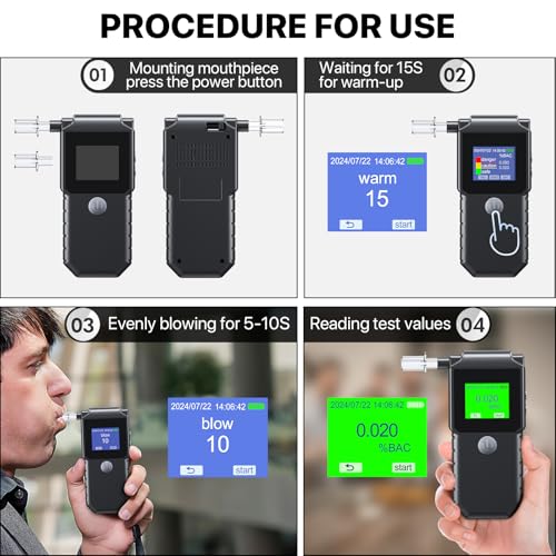 Breathalyzer, 2024 Upgraded USB Rechargeable with Figaro High Precision Sensor and TFT Color Display Breathalyzers for Alcohol, Personal and Professional Use Alcohol Tester with 10 Mouthpieces (Black)
