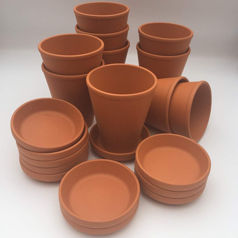[LT9/S9] Terracotta Long Tom plant pots with saucers (pack of 10) 9 cm diameter