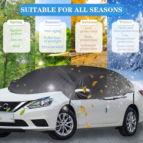 Image of Bilisin Half Car Cover for Sedan, Outdoor Heavy Duty 250D Fabric Sun Protection Cover Car Windshield Snow Covers, Waterproof Car Cover All Weather Universal Fit for Most Sedan Car（Black）