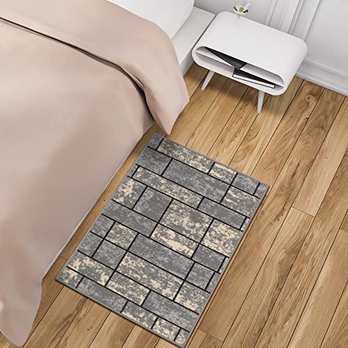 Machine Washable Boxes Design Non-Slip Rubberback 2X3 Traditional Area Rug For Entryway, Bedroom, Kitchen, Bathroom, 2'3" X 3', Gray #TOP4