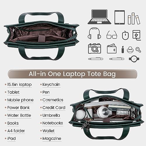 Image of LOVEVOOK Laptop Bag for Women 15.6 Inch Tote Work Professional Leather Computer Briefcase Waterproof Handbag Shoulder Large Capacity Business Teacher Office Crossbody Purse, 131# Dark Green