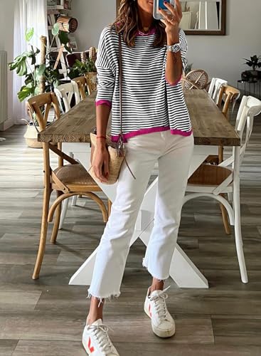 Image of Womens Striped Lightweight Cotton Sweaters Long Sleeve Crew Neck Color Block Casual Knitted Pullover Tops