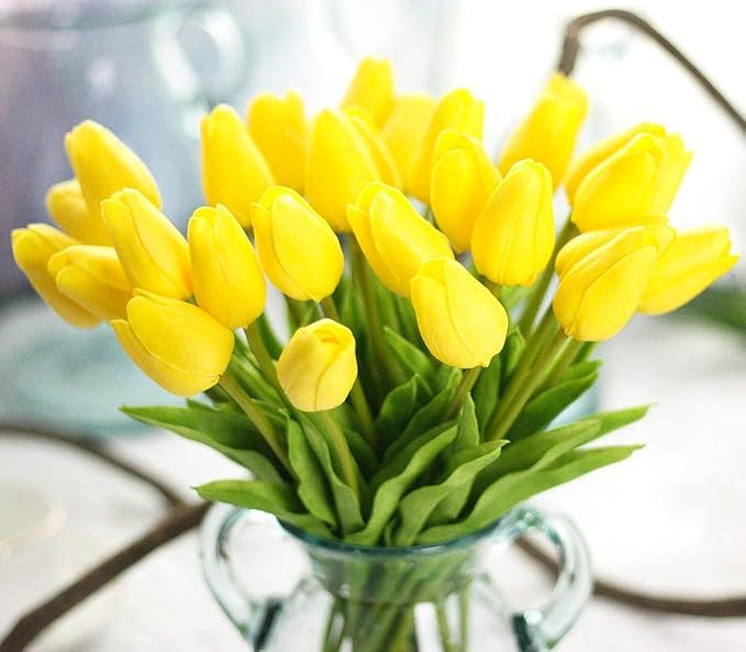 Image of CosaCentrum Beautiful Decorative Artificial Tulip Flower Bunches for Home decor (Yellow, Pack of 5)