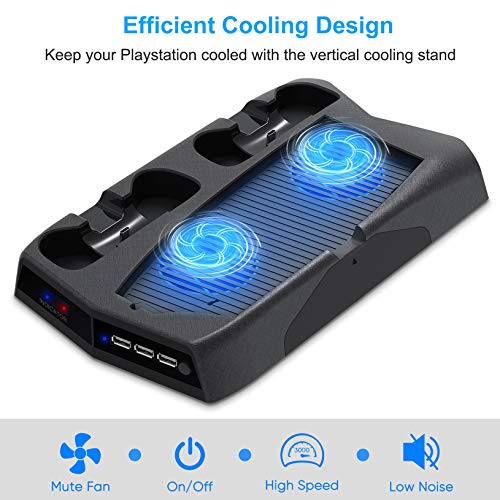 Vertical Stand with Cooling Fan for PS5 Console and PS5 Digital Edition, YUANHOT Charging Station Dock with Dual Controller Charger Ports and Retractable Game Storage for PS5 and DualSense - Black - Thumbnail 7