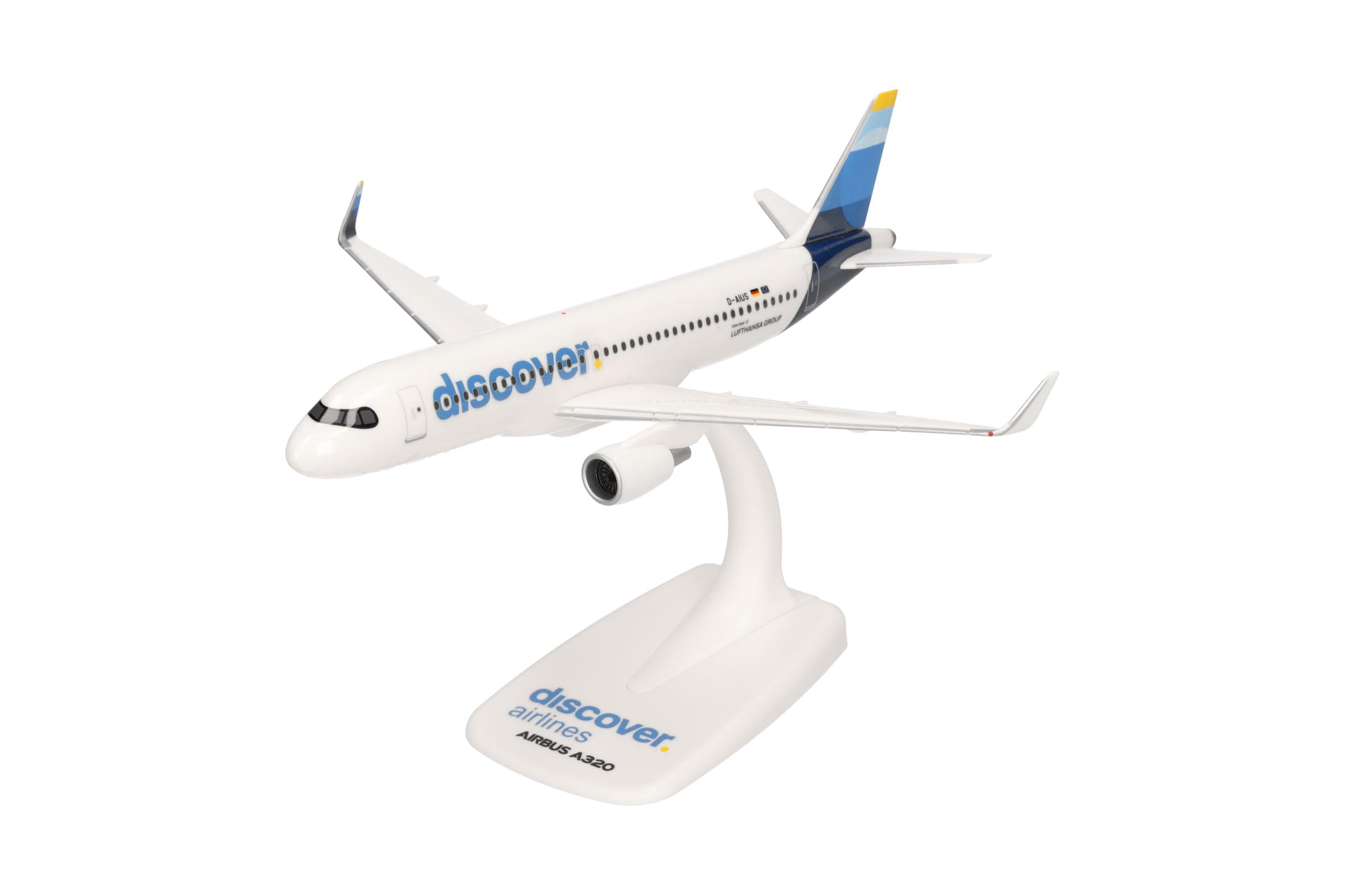 Herpa Snap-Fit airplane model Airplane Discover Airlines Airbus A320 on scale of 1:200, plastic miniature with pedastal, model building, collectors edition