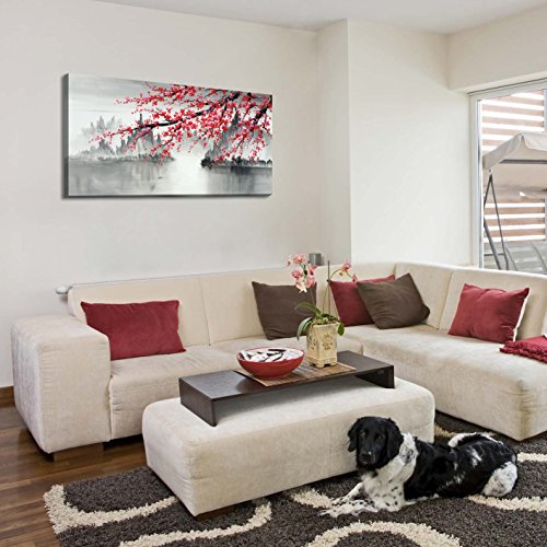 Traditional Chinese Painting Hand Painted Plum Blossom Canvas Wall Art Modern Black And White Landscape Oil Painting For Living Room Bedroom Office Decoration (48X24 Inch) #TOP4