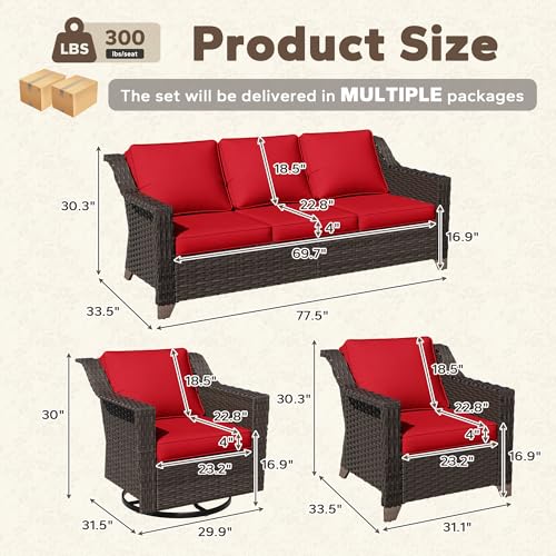 Image of 5 Piece Patio Furniture Set, Wicker Outdoor Conversation Set | Patio Chair Set with Olefin Removable Cushion, All-Weather Outdoor Couch with Deep Seat for Porch, Deck and Backyard, Red