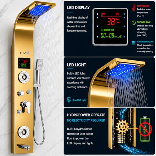 Image of RUVEL Shower Panel - Sayflow with 7-in-1 Hydro Powered LED Display, Rainfall Shower Head, Waterfall Shower, Dual Body Massage Jets, 360 Adjustable Mist Spray, Handheld Shower, Tub Spout (Gold)