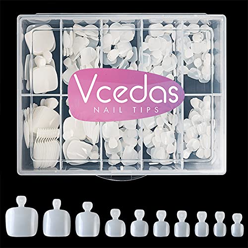 Vcedas 200 PCS False Toenails Full Cover Artificial French Toenail Acrylic Kit 10 Sizes with Box for Nail Salon Toe Art Nails (Natural)