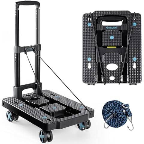 TICONN Folding Hand Truck Dolly, Moving Cart, Portable Dolly Cart with Adjustable Handle, Lightweight Luggage Utility Cart with 4 Rotate Wheels (Black) Cover