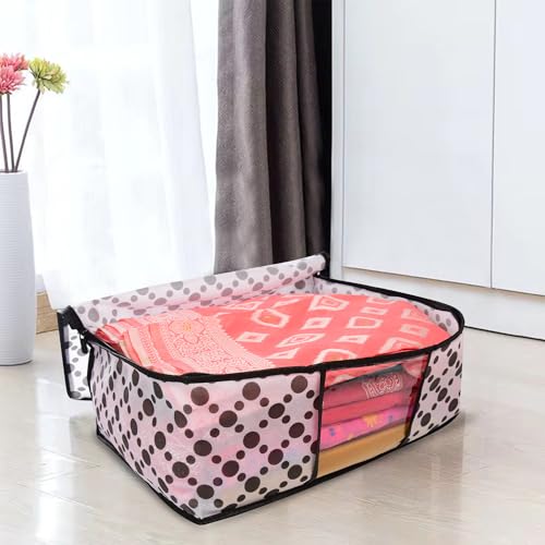 Image of Non-Woven Saree Covers with Zipper & Transparent Window | Clothes Storage Bags for Wardrobe Organization | White Dustproof Garment Storage box with Black Dot for Sarees and Clothes (Pack of 30)