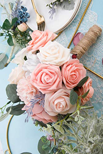 50Pcs Artificial Flowers Roses Real Touch Fake Roses For Diy Wedding Bouquets Bridal Shower Party Home Decorations (Ivory&Pink) #TOP3
