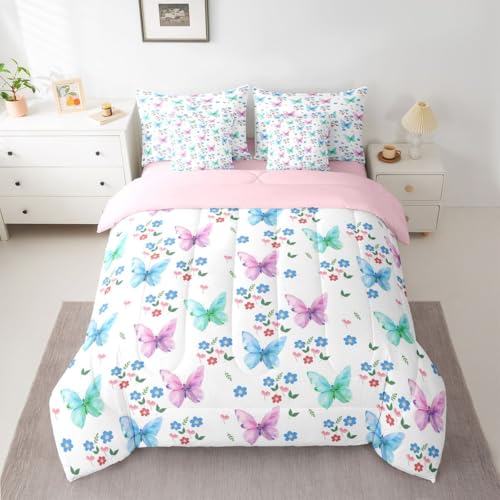 Image of Colorful Butterflies 7 Pieces Bedding Set Full Size,Blue Daisy Flower Bed in a Bag,Cottagecore Farmhouse Bed Set Includes Comforter,Sheet Set,Pillowcases & Pillow Covers,Flying Butterfly Bedroom Decor