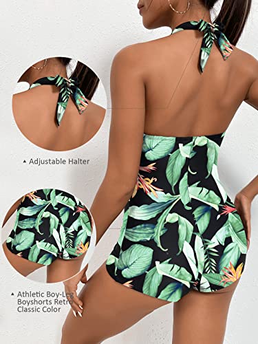 Women's Retro Tummy Control Swimsuits Halter One Piece Slimming Swimwear,Vintage Boyshorts Ruched Push Up Bathing Suit4