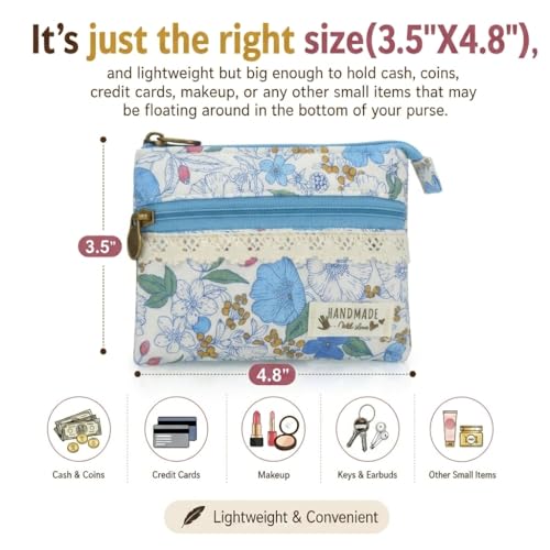 Image of Women Small Zipper Coin Purse, Handmade Fabric Flower Embroidered Change Pouch, Cotton Double Zipper Wallet