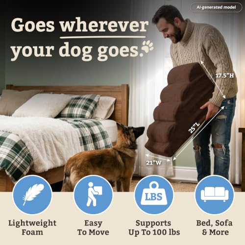 Image of Snoozer Scalloped Dog Ramp, 17.5 inch Tall Foam Pet Stairs, 4 Steps, Hot Fudge