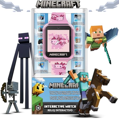 Minecraft Kids Smartwatch – Pink Axolotl Design, 10 Watch Faces, Step Counter, Selfie Camera, Calculator, Games, Voice Recorder, Alarm & Timer, Printed Silicone Straps – Fits Wrists 5.5"-8.0"4