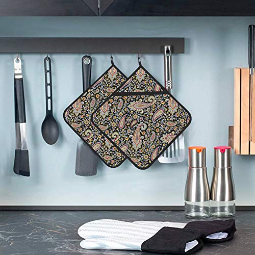 Grunge Paisley Geometry Decor Fashion Hot Pad Heat Resistant Kitchen Towel Sets With Pot Holders 2 Pcs Pot Holders For Kitchen 8×8 Inch For Cooking And Baking #TOP5