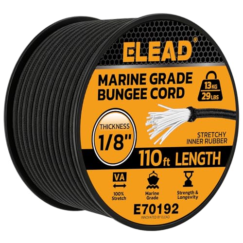 Heavy Duty Bungee Cord Roll 1/8 x 110ft Marine Grade Outdoor Bungee Cords Black Super Elastic Shock Cords Long Cord for Cargo Camping Bike Racks Tents