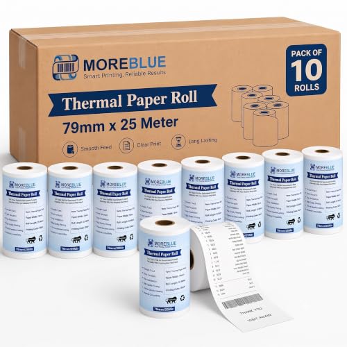 Image of MOREBLUE 3 Inch Thermal Paper Rolls (79mm x 25m, 55 GSM) | Ink-Free BPA-Free Receipt Paper for POS Machine, Billing Machine & Thermal Printers Pack 10