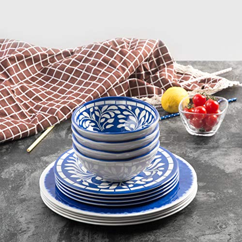 Melamine Dinnerware Set - 12 Pcs Dinner Dishes Set for 4, Plates and Bowls Set for Indoor & Outdoor Use- Dishwasher Safe, Unbreakable, Blue
