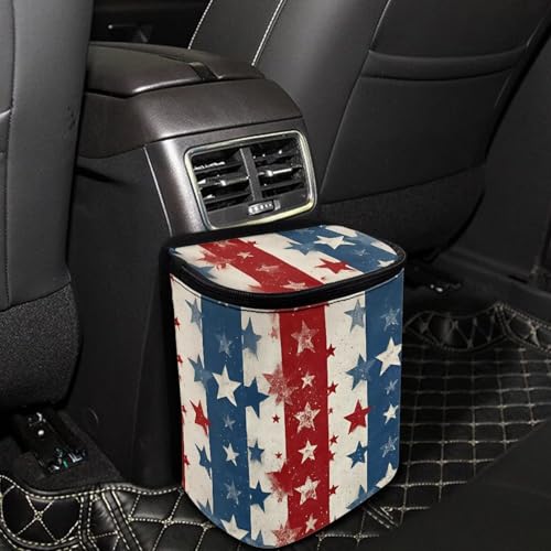Image of Talayituse American Flag Star Print Car Trash Can Portable Auto Garbage Bin Multifunctional Vehicle Interior Accessories with Adjustable Straps 4th of July Decor Universal Fit Truck SUV Sedan