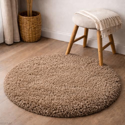 Image of Premium Polyester Shaggy Round Rug - Ultra Soft Fluffy Circle Carpet for Bedroom, Living Room, Kids Room, Anti-Skid Plush Floor Rug - (Beige, 5 feet|150cm)