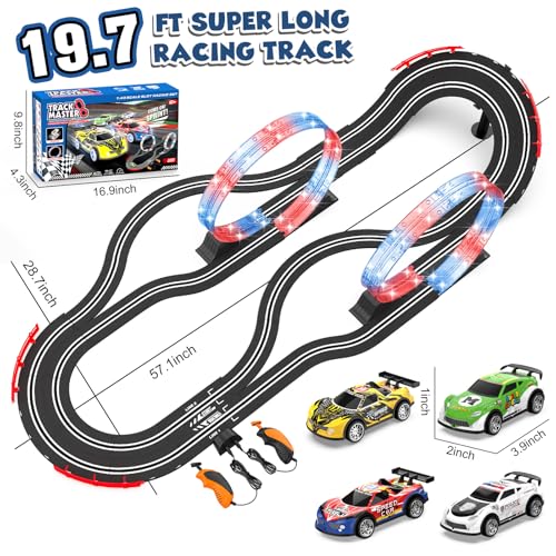 Image of Slot Car Race Track Sets with 4 Slot Cars, 2 in 1 Electric Race Car Track Include Slope Circular Overpass Track, Dual Racing Game Featuring Flash Tracks, Gifts Toys for Boys Kids Age 6 7 8-12