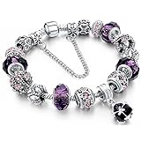Morenitor[TM] Beaded Bracelet Handmade Carved Sterling Silver Plated Snake Chain Bracelet Charms for Women(Purple)