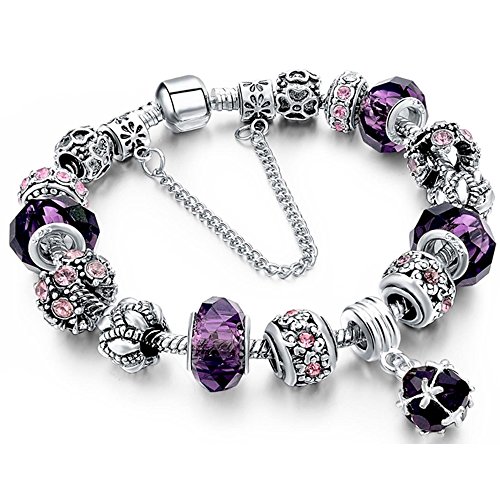 Morenitor[TM] Beaded Bracelet Handmade Carved Sterling Silver Plated Snake Chain Bracelet Charms for Women(Purple)