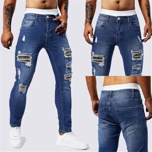 Men Ripped Rivet Hip-Hop High Street Motorcycle Denim Trousers Male Stretch Slim Fit Trousers4
