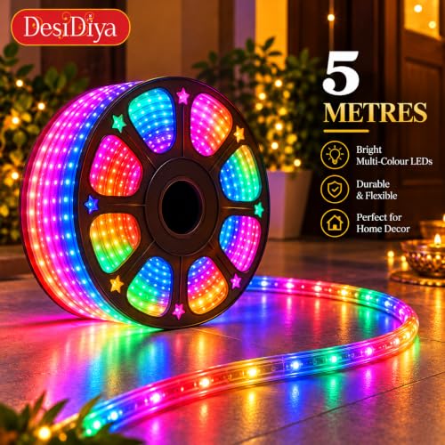 Image of Desidiya 5 Metre Multicolour LED Rope Light for Diwali Decoration, Flexible Bendable Pipe Light for Home, Balcony, Gate, Terrace & Ceiling Cove, Plug-in Decorative Lights for Christmas & Wedding
