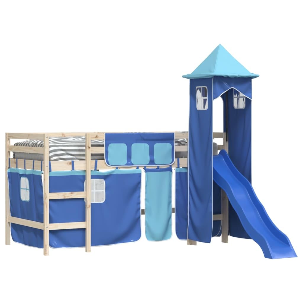 Cortinas para cama alta con torre azul de poliéster, accesorios de cama para habitación infantil, juego de 7 piezas con bolsillos, alzapaños y tubos de metal para somier, zona de juegos y