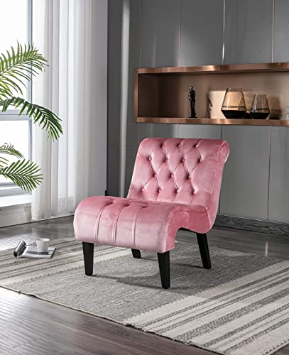 Kinffict Velvet Accent Lounge Chair For Living Room, Modern Leisure Chair With Tufted Backrest, Indoor Armless Side Chair, Upholstered Bedroom Sleeper Chair With Solid Wood Legs, Pink #TOP14