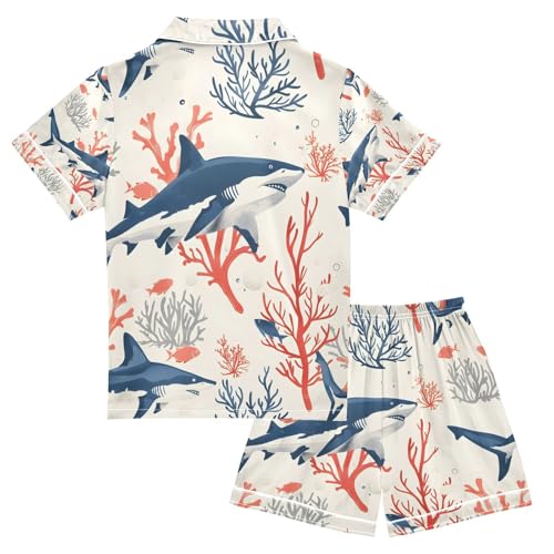 senya Shark on Coral Satin Summer Pajama Sets Silk Short Sleeve Button Down Sleepwear2