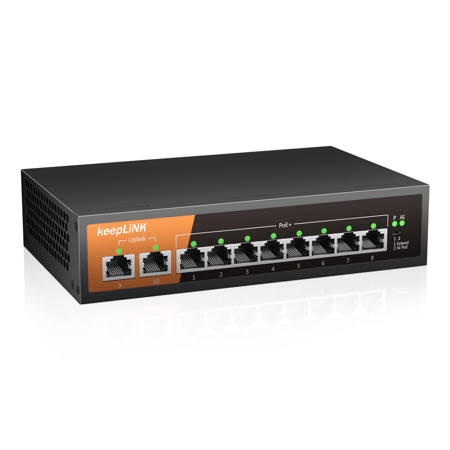 keepLiNK 10 Port PoE Switch, 8 PoE+ Ports 100Mbps, 2 Uplink Ports 100Mbps, 135W 802.3af/at, Extend to 250M, Metal Fanless, Plug and Play Unmanaged Ethernet Switch