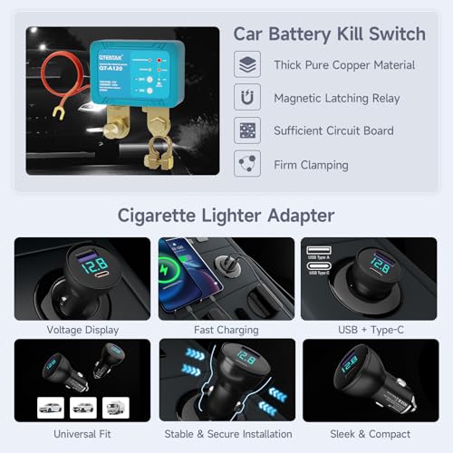 Image of 12V 120A Remote Battery Disconnect Switch | with Fast Charging Car Cigarette Lighter & Voltage Display, Anti-Theft, Battery Leakage Protection,2 Remote Control Keys