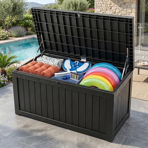 Image of Large 258 Gallon Resin Deck Box, Heavy Duty Lockable Patio Storage Box Outdoor, Waterproof Tool Box for Garden Furniture Cushions & Pool Supplies, Wood Grain Outdoor Storage Bench for Backyard