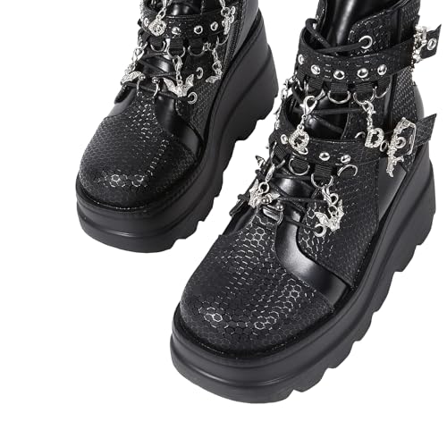 Goth Chunky Ankle Boots for Women - Bat Buckle DIY Platform,Zip Round Toe Lace Up Combat Bootie, Wedge Rave Boots Black Punk Shoes - Light Weight & Waterproof2