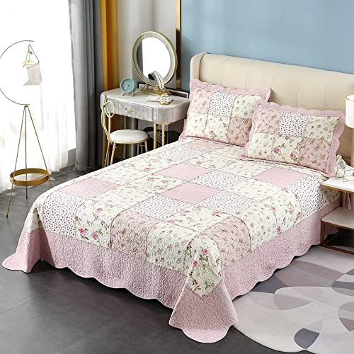 Brandream Pink Rose Floral Patchwork Quilts Cotton Queen Size Quilted Comforter Set Rustic Country Coverlet Bedspread Set 3-Piece #TOP4