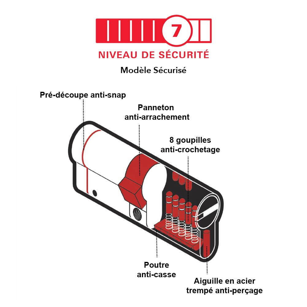 THIRARD Cylindre à Bouton Trafic 12, Anti-Perçage, 30 x 30 mm, Argent | Protection anti-arrachement, anti-casse, finition nickelée, 5 clés réversibles incluses, bouton intérieur pratique