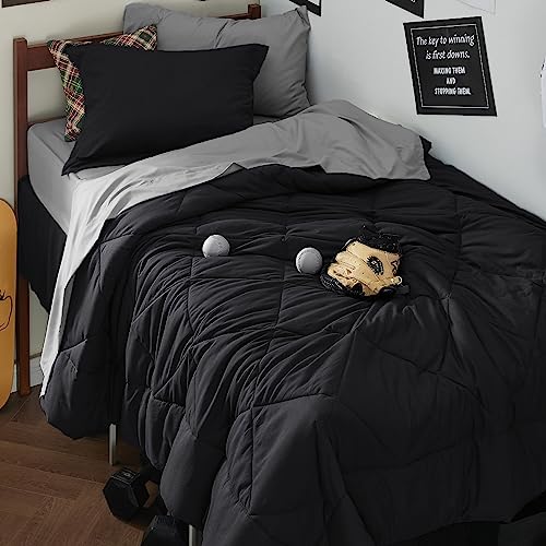 Image of Bedsure Twin XL Bed in a Bag Reversible 5 Pieces Black /Silver Grey | All inclusive, reversible tone, lightweight, gentlesoft, breathable, with sheets, bedding set, machine-washable