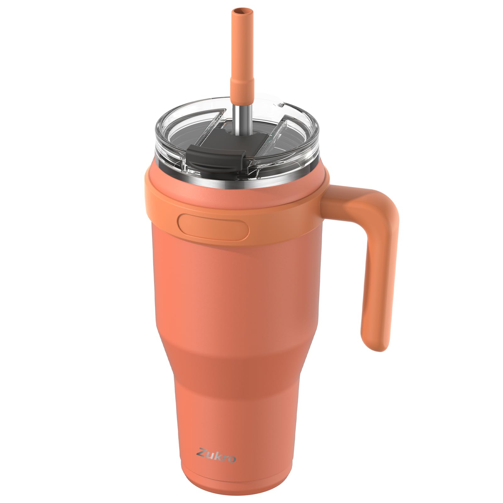 Zukro40 oz Tumbler with Handle and Wide Straw, No Sweat Triple-Wall Insulated Stainless Steel Cup with Screw on 2-in-1 Lid, Keeps Cold 24 Hours, 100% Leak Proof, Dishwasher Safe - Grapefruit