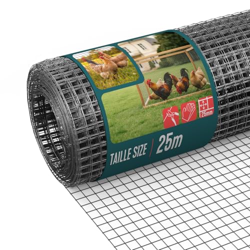 VOUNOT® Grillage Soudé Plastifié PVC Rouleau 1x25m Maille 25 mm Fil 1 mm Treillis et Clôture Métallique pour Jardin Petits Animaux et Poulailler Gris