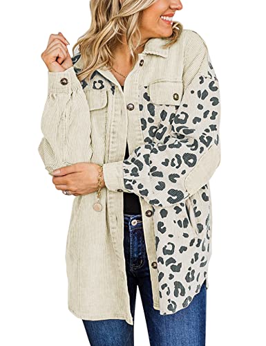 Lucrosun Women's Oversized Blouse Leopard Print Corduroy Shacket Jacket