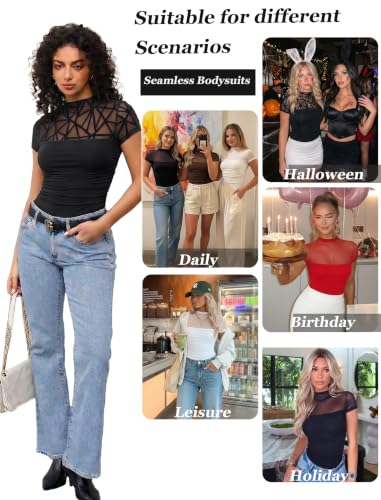 Image of Avidlove Women's Short Sleeve Bodysuit Turtle Neck Body Suits Mesh One Piece Leotard Going Out Tops Date Outfits