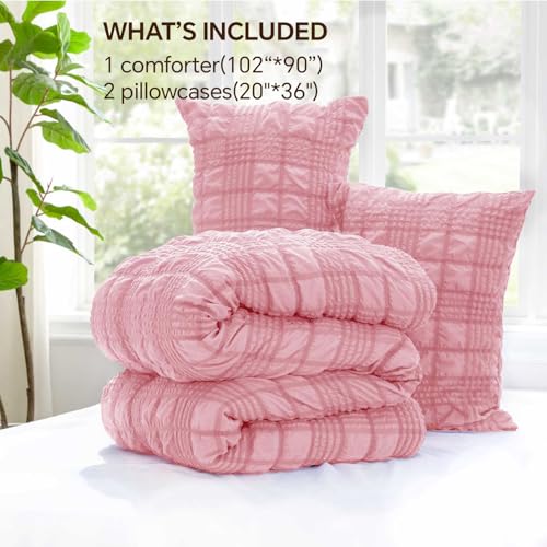 Image of BEDELITE King Size Comforter Set, Seersucker Bedding Set 3 Pieces, Pink | All Season Use, Machine Washable, Soft and Lightweight, Ruched Comforter for Bedroom, Wrinkle-Resistant, Cozy and Stylish